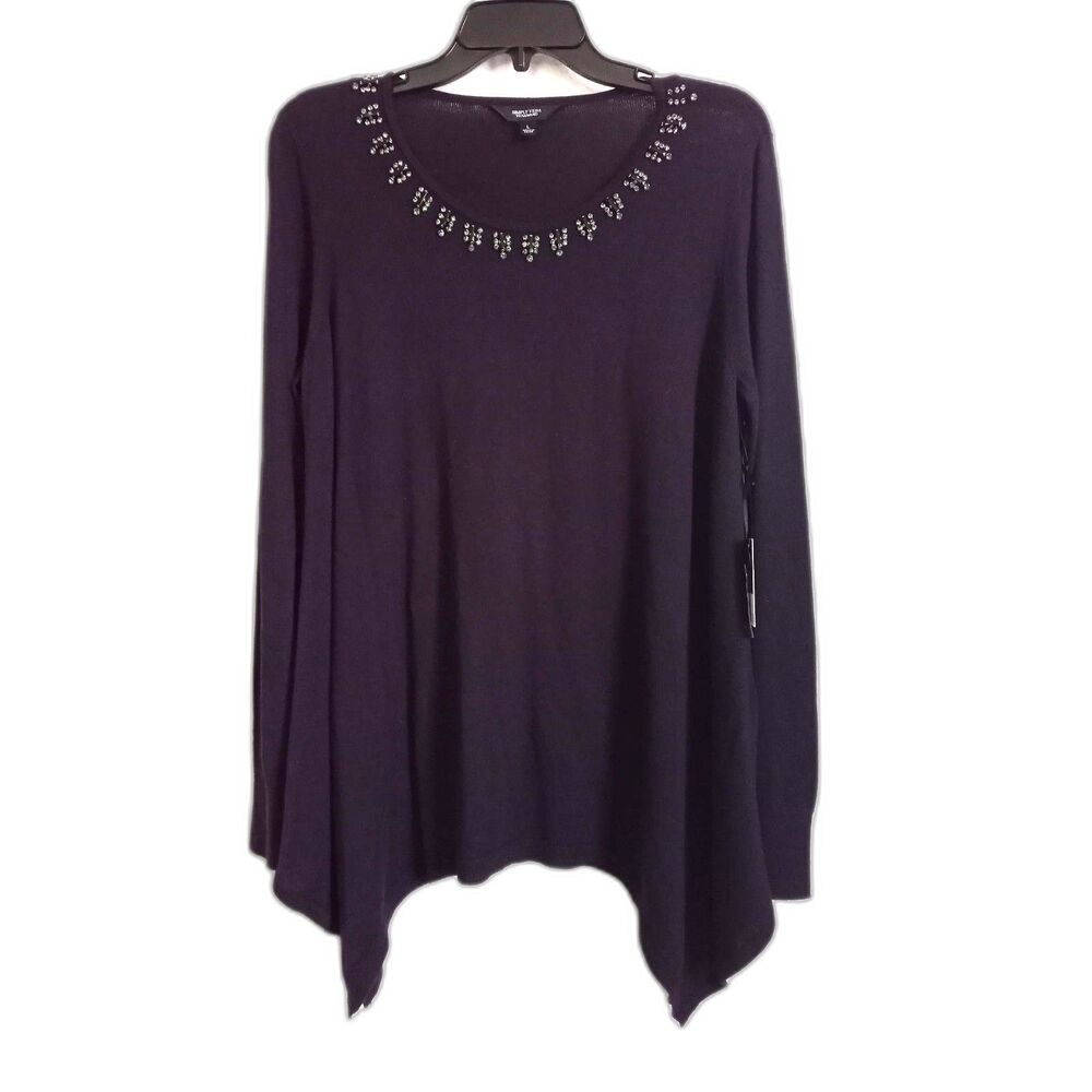 Vera Wang NWT Embellished Sweater Tunic Purple Black L Pullover Long Sleeve